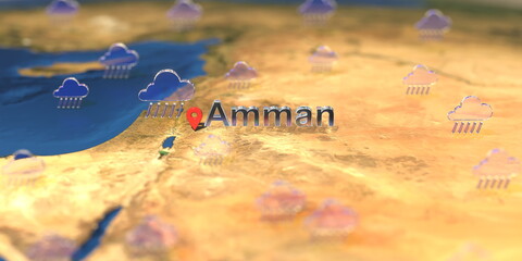 Rainy weather icons near Amman city on the map, weather forecast related 3D rendering