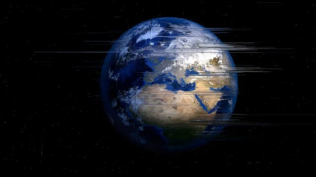 Video glitch effect on earth planet in univers, slice effect on world illustration with slice effect, pixelate defect screen.