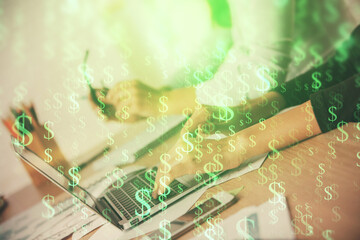 Multi exposure of woman hands typing on computer and financial chart hologram drawing. Stock market analysis concept.