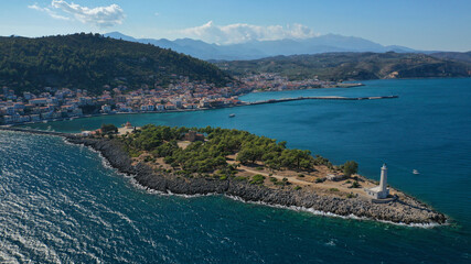 Naklejka na ściany i meble Aerial drone photo of picturesque small fishing village of Gytheio in South Peloponnese, Lakonia, Greece