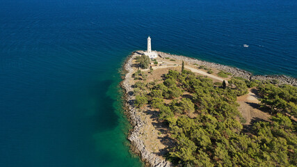 Fototapeta na wymiar Aerial drone photo of famous small islet of Kranai known for old lighthouse and tower of Tzannetakis, Gytheio, Lakonia, Peloponnese, Greece