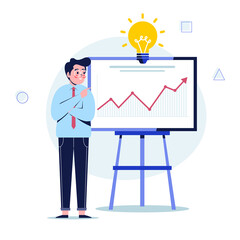 Young businessman pointing at charts on a board during business presentation. Happy businessman giving business presentation. Flat design vector illustration