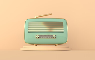 Fototapeta premium Vintage style radio receiver on podium. Pastel colors and golden details. Retro radio realistic 3d render
