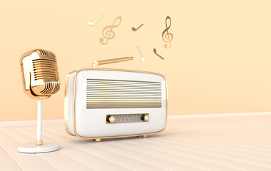 Vintage style radio receiver and microphone. Pastel colors and golden details. Retro radio and mic realistic 3d render. Music lover minimalistic background