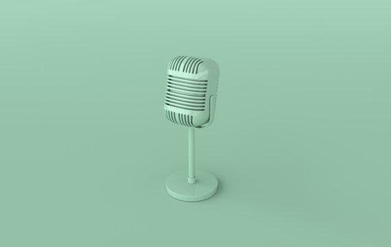 Retro concert or radio microphone realistic 3d render. Green mike on green background