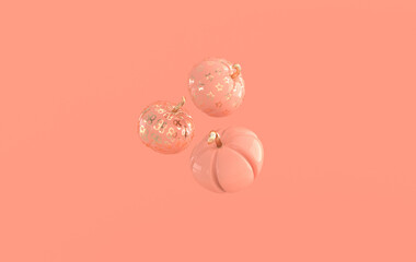 3d render floating pumpkin on pastel colored background space. Minimal concept. Holiday decoration, golden an pink pumpkin for celebration halloween event template