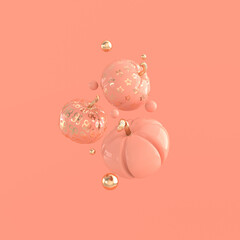 3d render floating pumpkin on pastel colored background space. Minimal concept. Holiday decoration, golden an pink pumpkin for celebration halloween event template