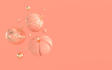 3d render floating pumpkin on pastel colored background space. Minimal concept. Holiday decoration, golden an pink pumpkin for celebration halloween event template