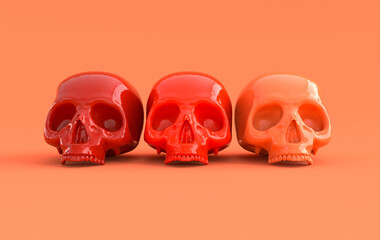Human scull 3d rendering. Red death's-head on orange background.  Scary halloween dead skeleton head symbol