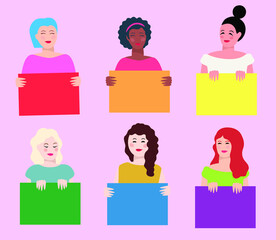 Group of young women holding empty colorful posters. Pride concept. Women faces. Different ethnicity, hair and clothes. Vector illustrations template.