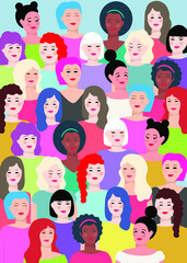 Fototapeta na wymiar Group of young women. Vertical banner. Women faces. Different ethnicity, hair and clothes. Vector illustration.