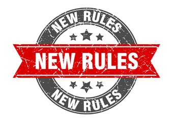 new rules round stamp with ribbon. label sign