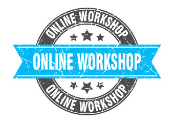 online workshop round stamp with ribbon. label sign