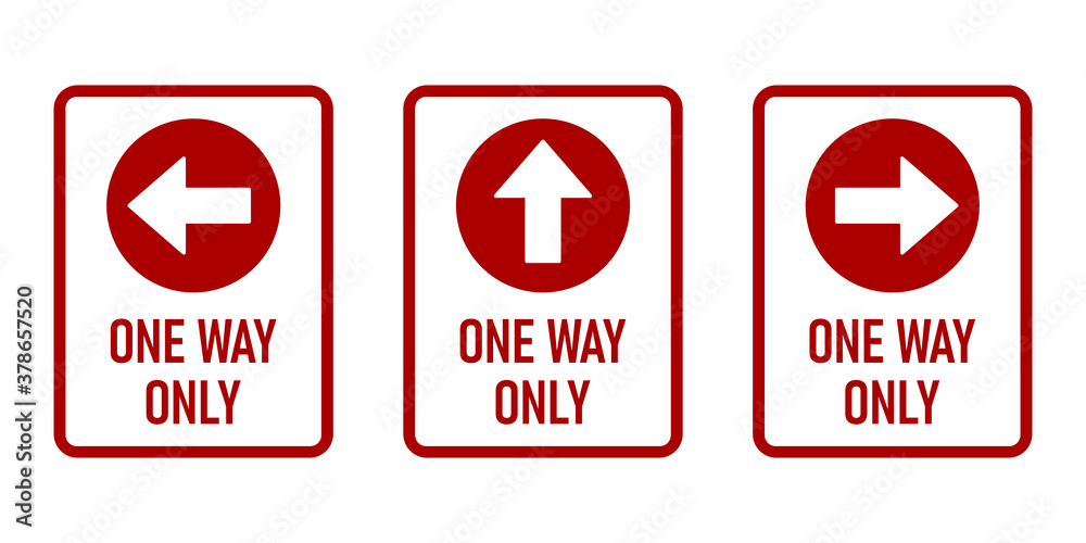 Poster set of one way only vertical warning poster sign icons with direction arrow and text. vector image.