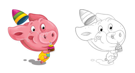 cartoon scene with sketch with pig having fun - illustration