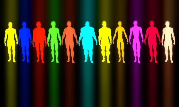 Multicolored collection of people body types. Men, male silhouettes. . 3d rendering illustration