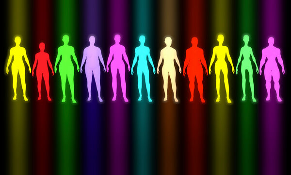 Multicolored collection of people body types. Women, female silhouettes .  3d rendering illustration