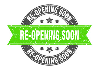 re-opening soon round stamp with ribbon. label sign