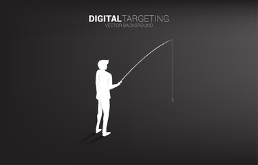 Silhouette of businessman standing with fishing hook. Concept of targeting and bait in business.