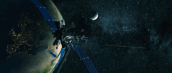 deep space and satellite orbiting earth