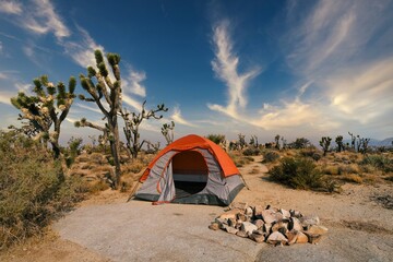 This image shows an empty camping tent in the middle of a remote desert landscape next to a fire...