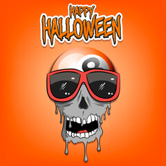 Happy Halloween. Billiard ball with skull in sunglasses with paint. Graffiti illustration of billiard ball with skull on isolated background. Skull art image. Vector illustration