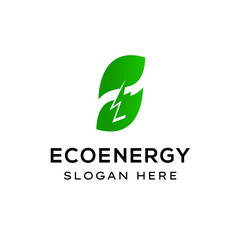 Eco leaf and power, renewable energy lightning bolt logo design template