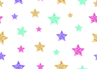 Colorful glitter stars on white background. Seamless vector illustration. Use for printing, posters, T-shirts, textile drawing, wrapping, print pattern. Other stars backgrounds in my collection.