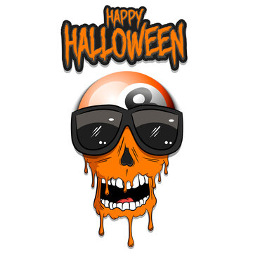 Happy Halloween. Billiard ball with skull in sunglasses with paint. Graffiti illustration of billiard ball with skull on isolated background. Skull art image. Vector illustration