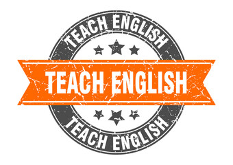 teach english round stamp with ribbon. label sign