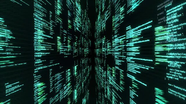 Modern application code on the abstract computer screen. Animation. Modern software development code, flying symbols on black background, seamless loop.