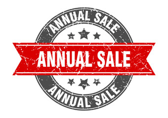 annual sale round stamp with ribbon. label sign