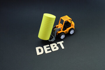 Block letters on debt with a toy bulldozer lifting the yellow cylinder block 