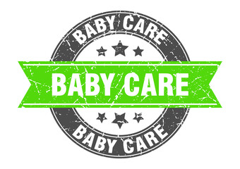 baby care round stamp with ribbon. label sign