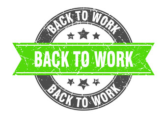 back to work round stamp with ribbon. label sign