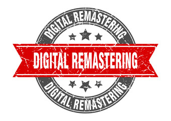 digital remastering round stamp with ribbon. label sign