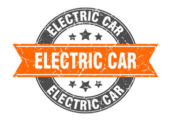 electric car round stamp with ribbon. label sign