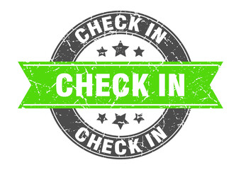 check in round stamp with ribbon. label sign
