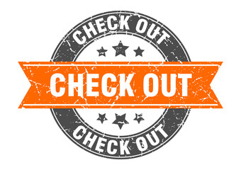 Fototapeta premium check out round stamp with ribbon. label sign