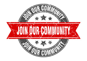 join our community round stamp with ribbon. label sign