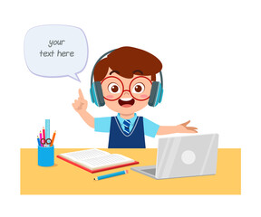 happy cute little kid do home school with computer laptop connect to internet study e-learning and course. e-learning web element