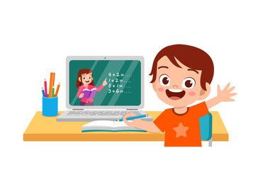 happy cute little kid do home school with computer laptop connect to internet study e-learning and course. e-learning web element