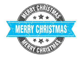 merry christmas round stamp with ribbon. label sign