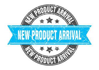 new product arrival round stamp with ribbon. label sign