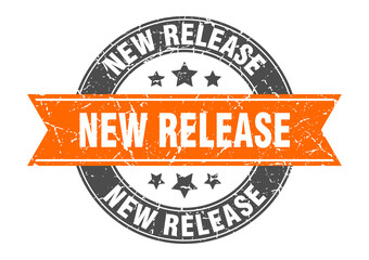 new release round stamp with ribbon. label sign