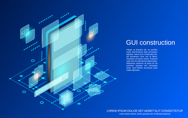 Graphic user interface construction, application development, website design flat isometric vector concept illustration