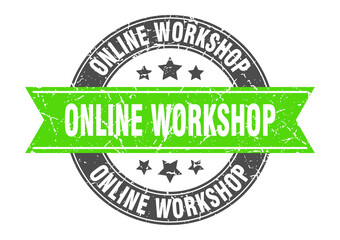 online workshop round stamp with ribbon. label sign