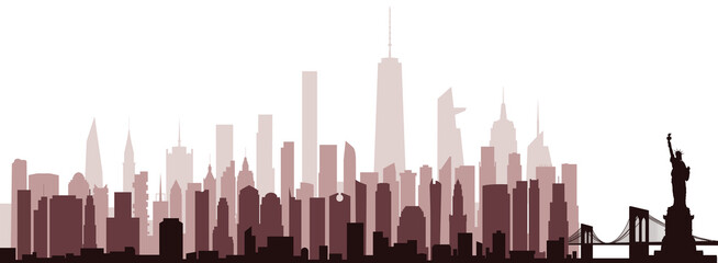 Idealized New York skyline with 53 of the city's best-known tall buildings.