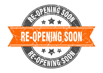 re-opening soon round stamp with ribbon. label sign