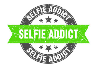 selfie addict round stamp with ribbon. label sign
